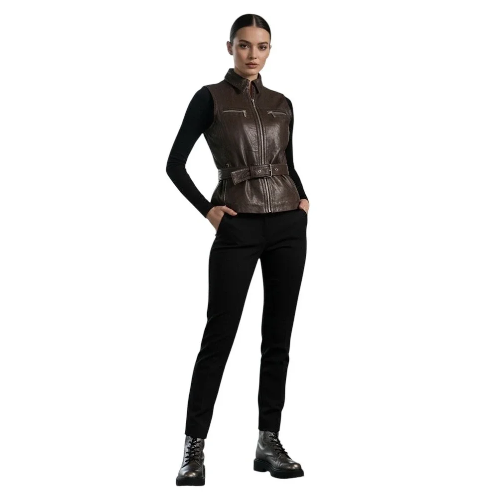 Michael Kors‎ Brown Genuine Leather Belted Moto Vest | Size M